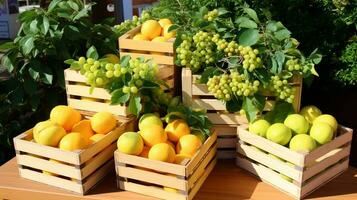 fraîchement choisi lyre fruit de jardin mis dans le des boites. génératif ai photo