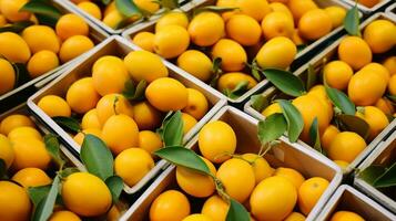 fraîchement choisi kumquat fruit de jardin mis dans le des boites. génératif ai photo