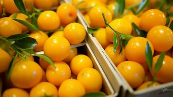 fraîchement choisi kumquat fruit de jardin mis dans le des boites. génératif ai photo