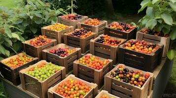 fraîchement choisi café fruit de jardin mis dans le des boites. génératif ai photo