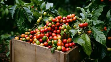 fraîchement choisi café fruit de jardin mis dans le des boites. génératif ai photo