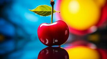 photo de Barbade Cerise fruit moitié contre une coloré abstrait Contexte. génératif ai