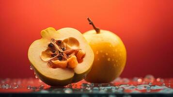 photo de coing fruit moitié contre une coloré abstrait Contexte. génératif ai