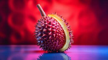 photo de rouge durian fruit moitié contre une coloré abstrait Contexte. génératif ai