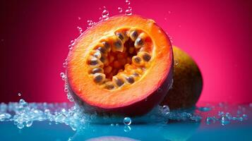 photo de mata fruit moitié contre une coloré abstrait Contexte. génératif ai