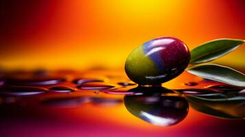 photo de olive fruit moitié contre une coloré abstrait Contexte. génératif ai