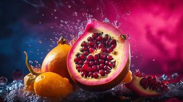 photo de gowok fruit moitié contre une coloré abstrait Contexte. génératif ai