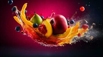 photo de flamboyant fruit moitié contre une coloré abstrait Contexte. génératif ai