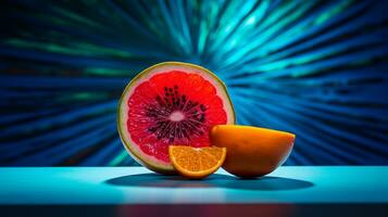 photo de enau fruit moitié contre une coloré abstrait Contexte. génératif ai