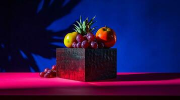 photo de caja fruit moitié contre une coloré abstrait Contexte. génératif ai