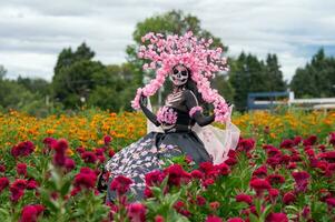 glorieux élégance dans le cœur de cholule cempasuchil des champs une fascinant journée de le mort séance photo, avec une étourdissant femme transformé dans une catrine, payant à le tradition de mourir de muertos photo