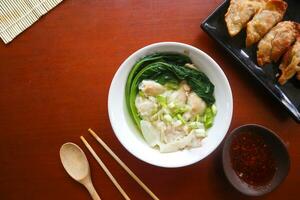 wonton soupe. bol de wonton soupe avec le Chili huile. crevette ou Viande boulette soupe avec moutarde , vert oignons, photo