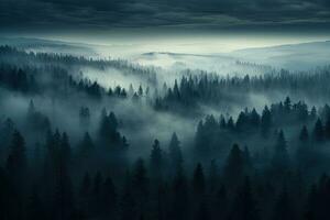 brumeux Matin dans le montagnes. paysage avec conifère forêt, brumeux foncé forêt aérien paysage voir, ai généré photo