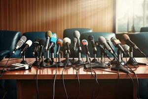 microphones dans conférence pièce ou séminaire salle. 3d le rendu, médias entretien dans une conférence chambre, micros, presse conférence, presse conférence, ai généré photo