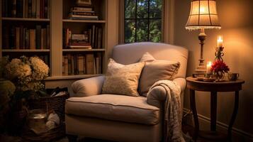 confortable en train de lire coin peluche fauteuil, étagère à livres rempli avec livres de tout genres, en train de lire temps, élégant intérieur conception, ai génératif photo