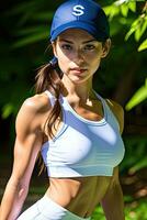 Jeune magnifique sportif aptitude fille dans court blanc des sports Haut et une bleu base-ball casquette permanent dans vert forêt pendant été saison. génératif ai photo