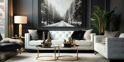 luxueux meublé vivant chambre, spacieux confortable canapé, noir et blanc monochrome palette, élégant intérieur conception, ai génératif photo