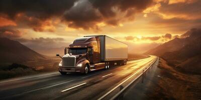 camions conduite sur Autoroute, rural paysage, spectaculaire coucher de soleil, transport sur route, ai génératif photo