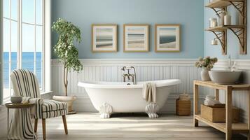 salle de bains dans bleu et blanc couleur, inspiré plage conception, ai génératif photo