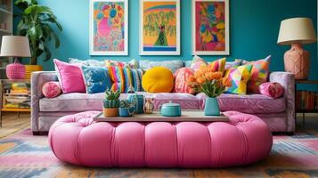 meublé moderne vivant chambre, brillant bleu et rose Couleur palette, intérieur conception, ai génératif photo