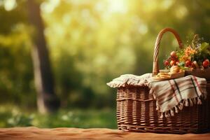 pique-nique panier avec nourriture sur le table dans le parc. sélectif se concentrer, pique-nique panier avec serviette de table sur la nature arrière-plan, ai généré photo