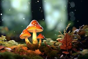 fantaisie champignons dans le forêt. 3d illustration. la nature arrière-plan, champignons dans le forêt avec bokeh Contexte. 3d le rendu, ai généré photo