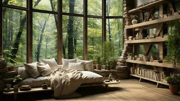intérieur conception, minimaliste vivant pièce avec serein la nature voir, magnifique villa conception dans le forêt, ai génératif photo
