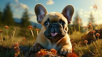 mignonne magnifique national chien français bouledogue mensonges repos sur le herbe sur une marcher à l'extérieur photo