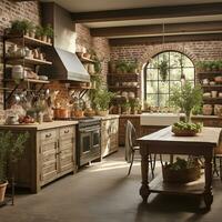 rustique ferme cuisine, élégant spacieux cuisine zone, intérieur conception, ai génératif photo