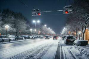 nuit neigeux Noël ville rue. Contexte. ai génératif pro photo