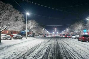 nuit neigeux Noël ville rue. Contexte. ai génératif pro photo