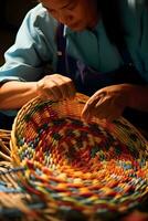 femme tissage une osier panier avec coloré fils ai généré photo