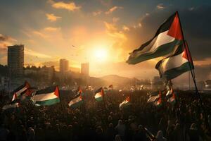 foule de gens avec Palestine drapeaux agitant dans le vent à le coucher du soleil ai généré photo