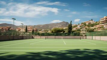 tennis tribunal dans le ville sur une ensoleillé journée ai généré photo