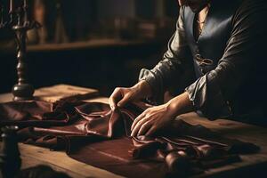 fermer de une tailleur travail sur cuir veste dans le sien atelier ai généré photo