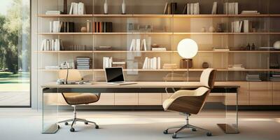 contemporain meublé Accueil bureau, confortable bureau, espace de travail avec bureau et chaise, élégant intérieur conception, ai génératif photo