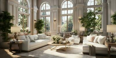 intérieur conception luxueux moderne vivant chambre, minimal grand fenêtre, confortable canapé, serein la nature paysage, élégant villa, ai génératif photo