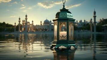 podium Contexte dans Ramadan vacances style avec lanterne. Oriental arabe conception avec nuances de vert. ai génératif photo