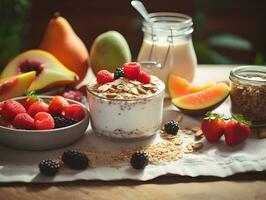 en bonne santé petit déjeuner sur le table ai génératif photo