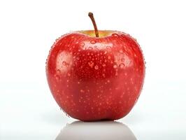 Frais rouge Pomme fruit avec l'eau gouttelettes sur il dans blanc Contexte ai génératif photo