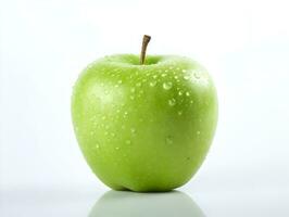 Frais vert Pomme fruit avec l'eau gouttelettes sur il dans blanc Contexte ai génératif photo