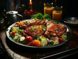 poulet jambe nouilles sur une assiette avec des légumes et Viande ai génératif photo