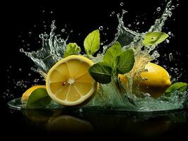 citron tranche éclabousser en dehors l'eau avec menthe feuilles ai génératif photo