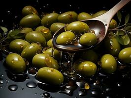 Olives avec effusion pétrole par cuillère ai génératif photo