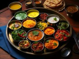 Indien cuisine thali sur une table avec différent Indien nourriture ai génératif photo