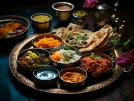 Indien cuisine thali sur une table avec différent Indien nourriture ai génératif photo