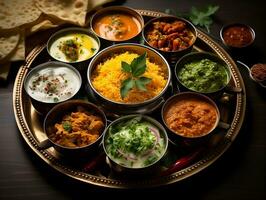 Indien cuisine thali sur une table avec différent Indien nourriture ai génératif photo