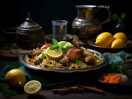 assiette de poulet biryani sur une table avec citron ai génératif photo