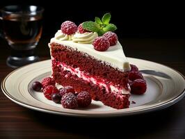 rouge velours gâteau tranche sur assiette ai génératif photo