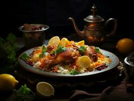 assiette de poulet biryani sur une table avec citron ai génératif photo